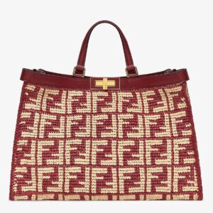 Fendi Peekaboo X-Tote Shopper In Burgundy FF Raffia