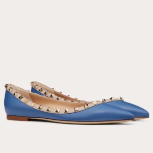 Valentino Rockstud Ballet Flats In Blue Calfskin