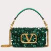 Valentino Small Loco Shoulder Bag with Green 3D-effect Embroidery